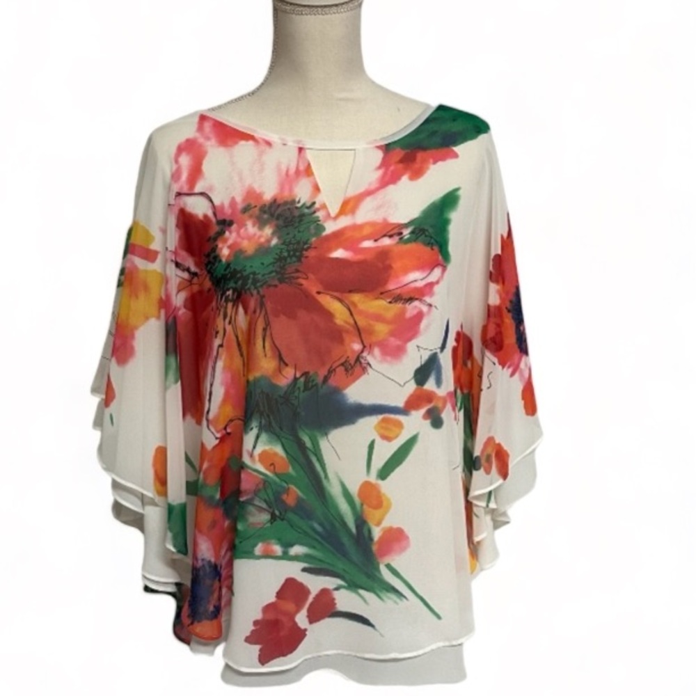 French Blue Floral Batwing | Butterfly Sleeve Lined Ladies Blouse Size Large NWT